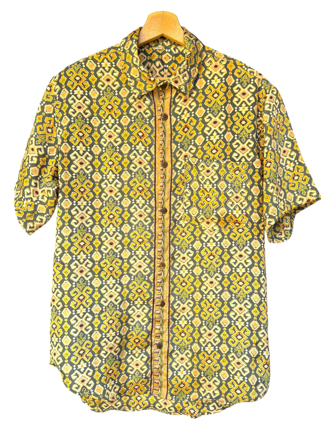 Camicia Etnica Verde Ocra - Ikat Geometrico Boho Sari - Taglia L