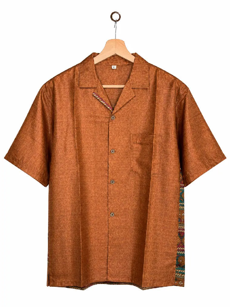 Camicia in Seta Sari Tono su Tono Rame e Bordura Floreale - Taglia XL