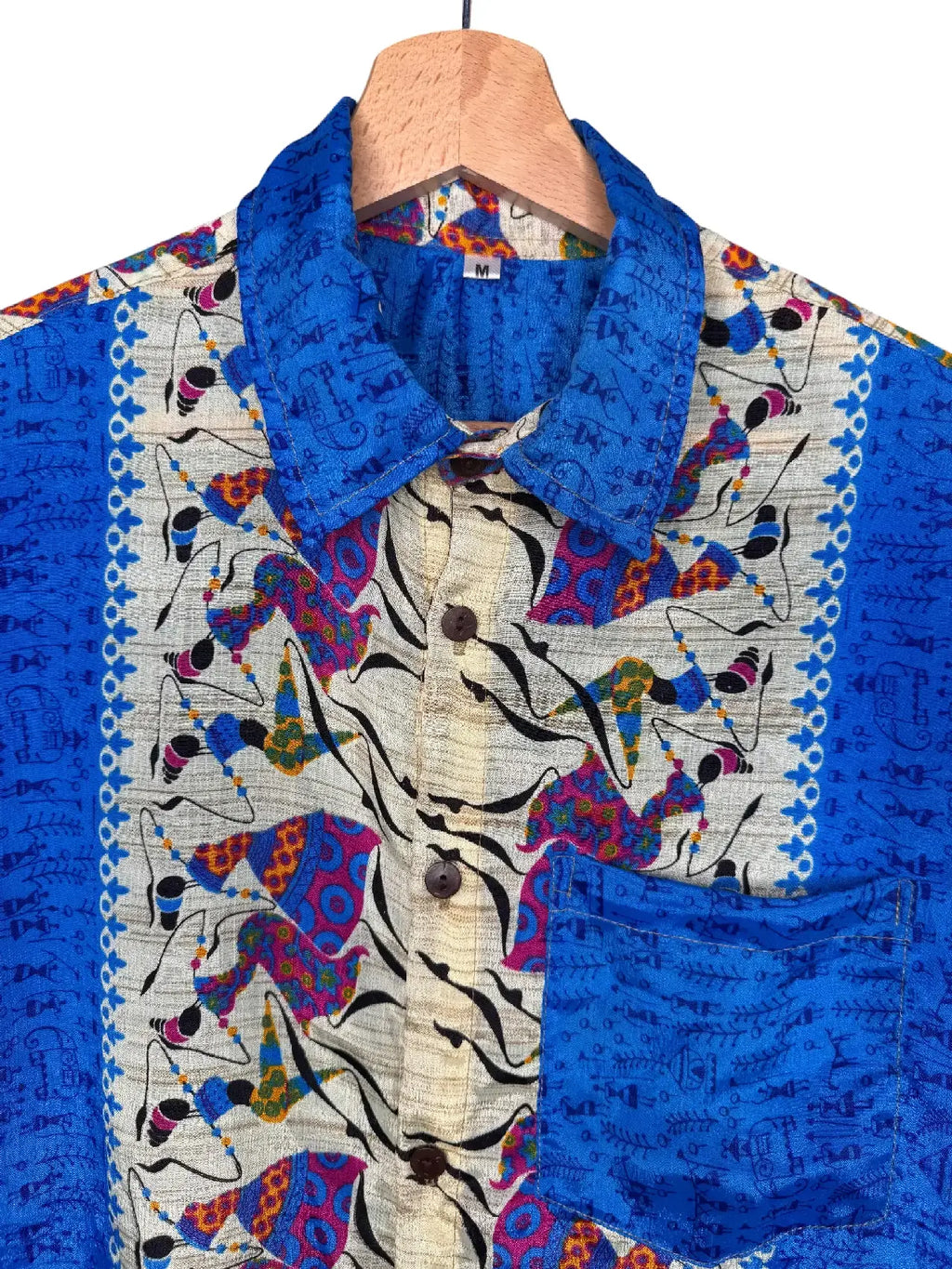 Camicia Sari Etnica Blu Cobalto Pesci Geometrica Unisex - Taglia M
