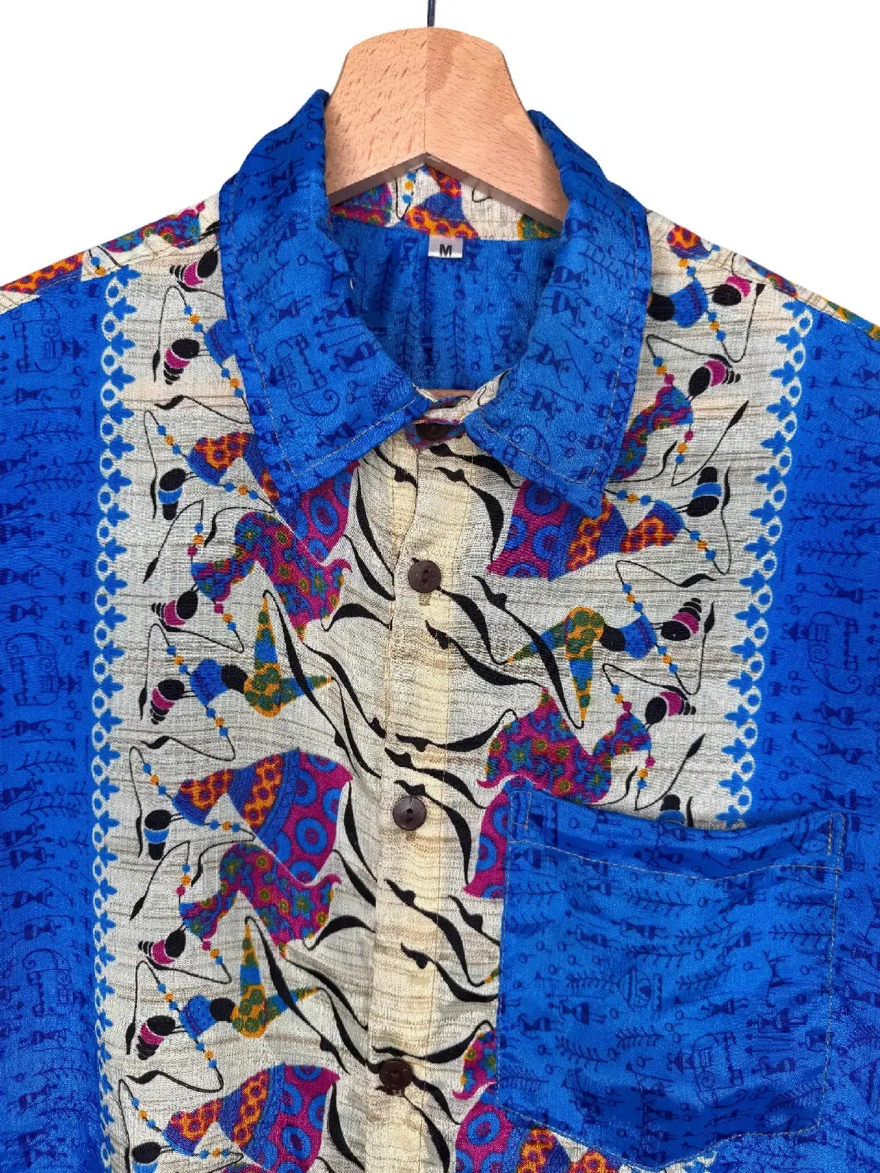 Camicia Sari Etnica Blu Cobalto Pesci Geometrica Unisex - Taglia M