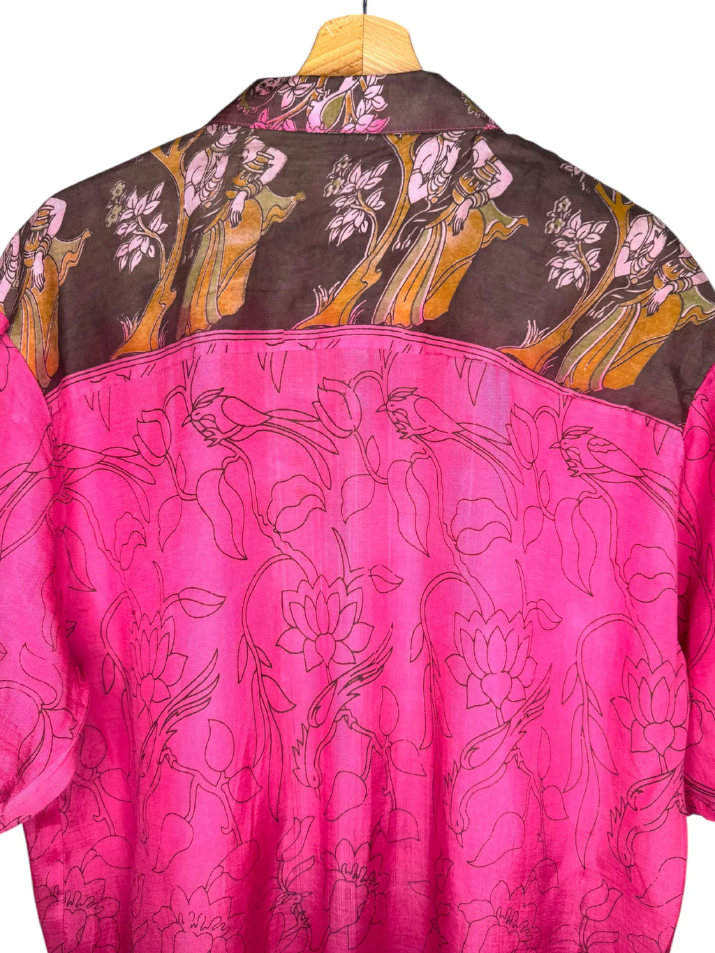 Camicia Etnica Kalamkari Fiori e Uccelli Cotone Fucsia - L