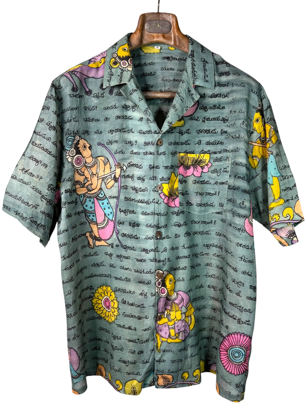 Camicia Etnica Seta Tussar Kalamkari Figure e Scrittura - M