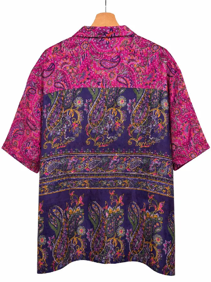 Camicia in Seta Sari Paisley Fucsia e Blu Notte Unisex - Taglia XL