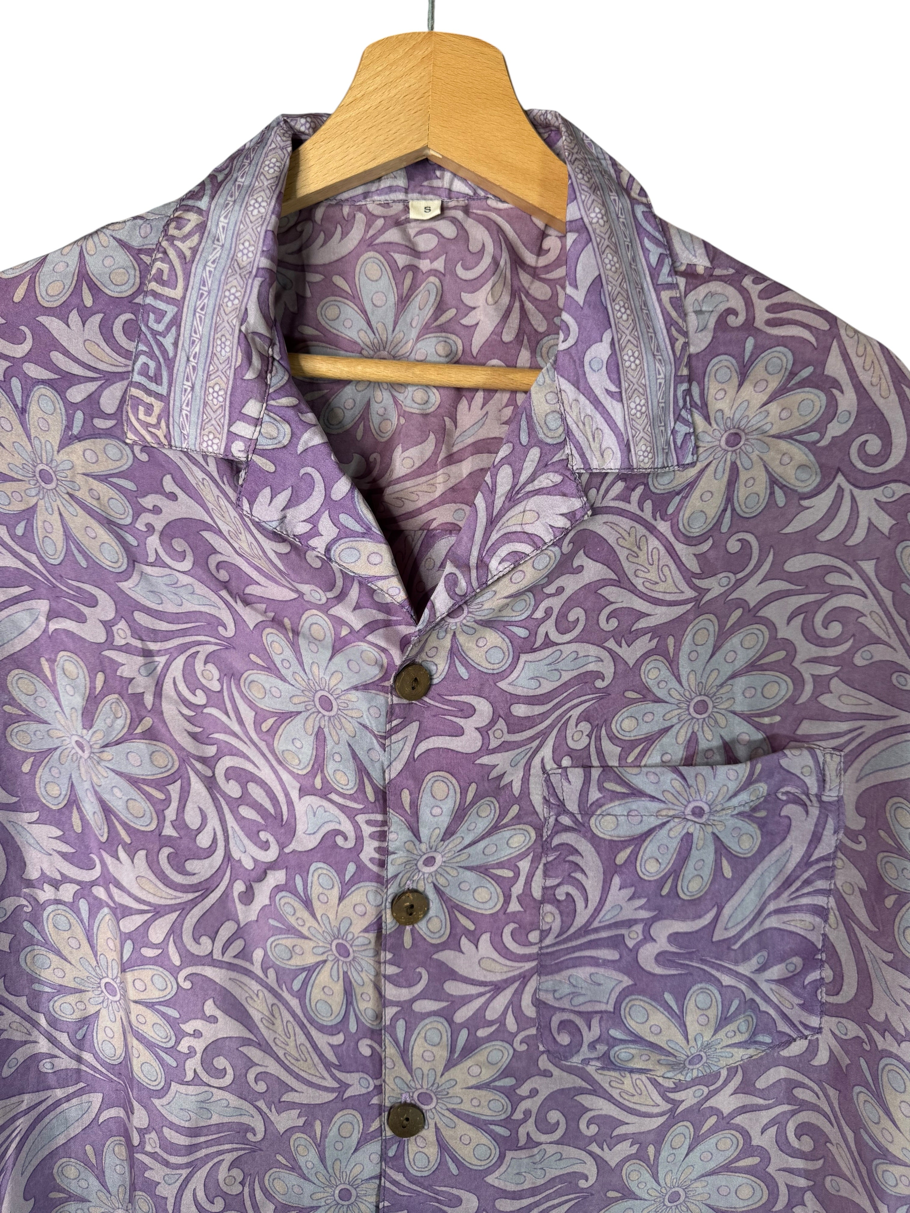 Camicia in Seta Sari Floreale Viola Lilla Arabeschi Unisex - Taglia S