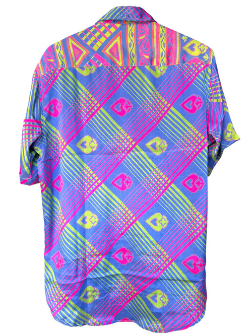 Camicia Etnica Blu Fucsia Neon - Geometrica Boho Sari - Taglia L