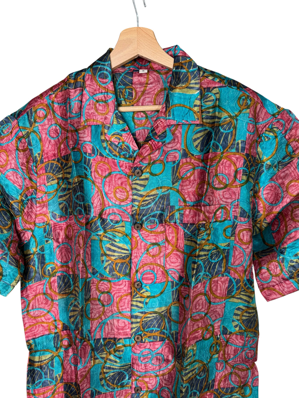 Camicia in Seta Sari Astratta Turchese e Rosa Unisex - Taglia S