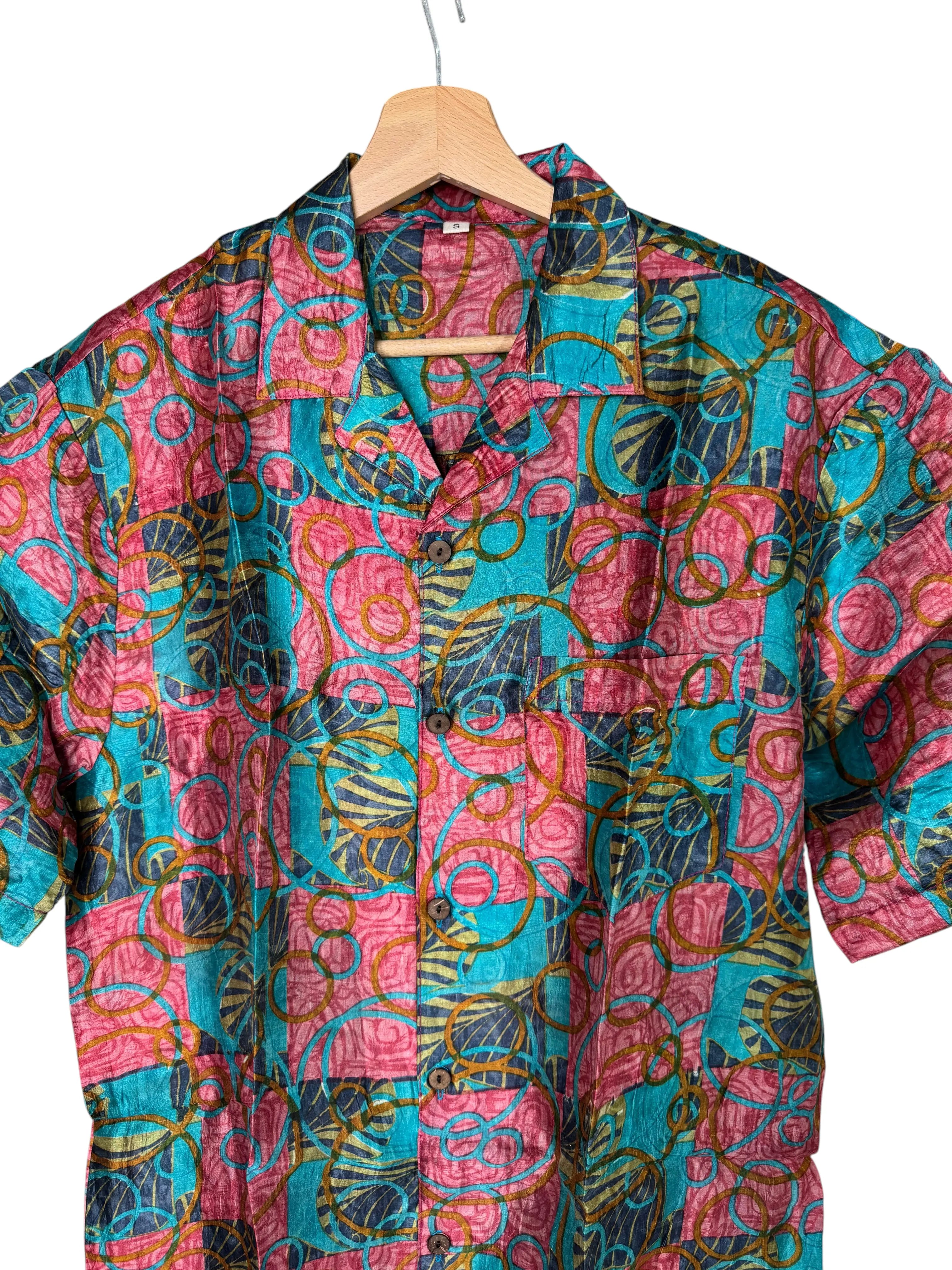 Camicia in Seta Sari Astratta Turchese e Rosa Unisex - Taglia S