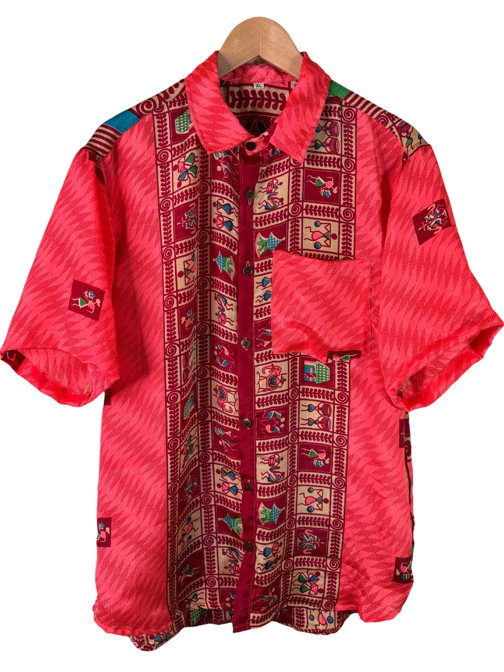 Camicia Sari Warli Corallo e Avorio Figure Folk Unisex - Taglia XL