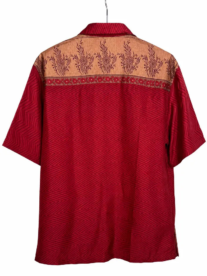 Camicia in Seta Sari Rosso Chevron Tono su Tono Unisex - Taglia S