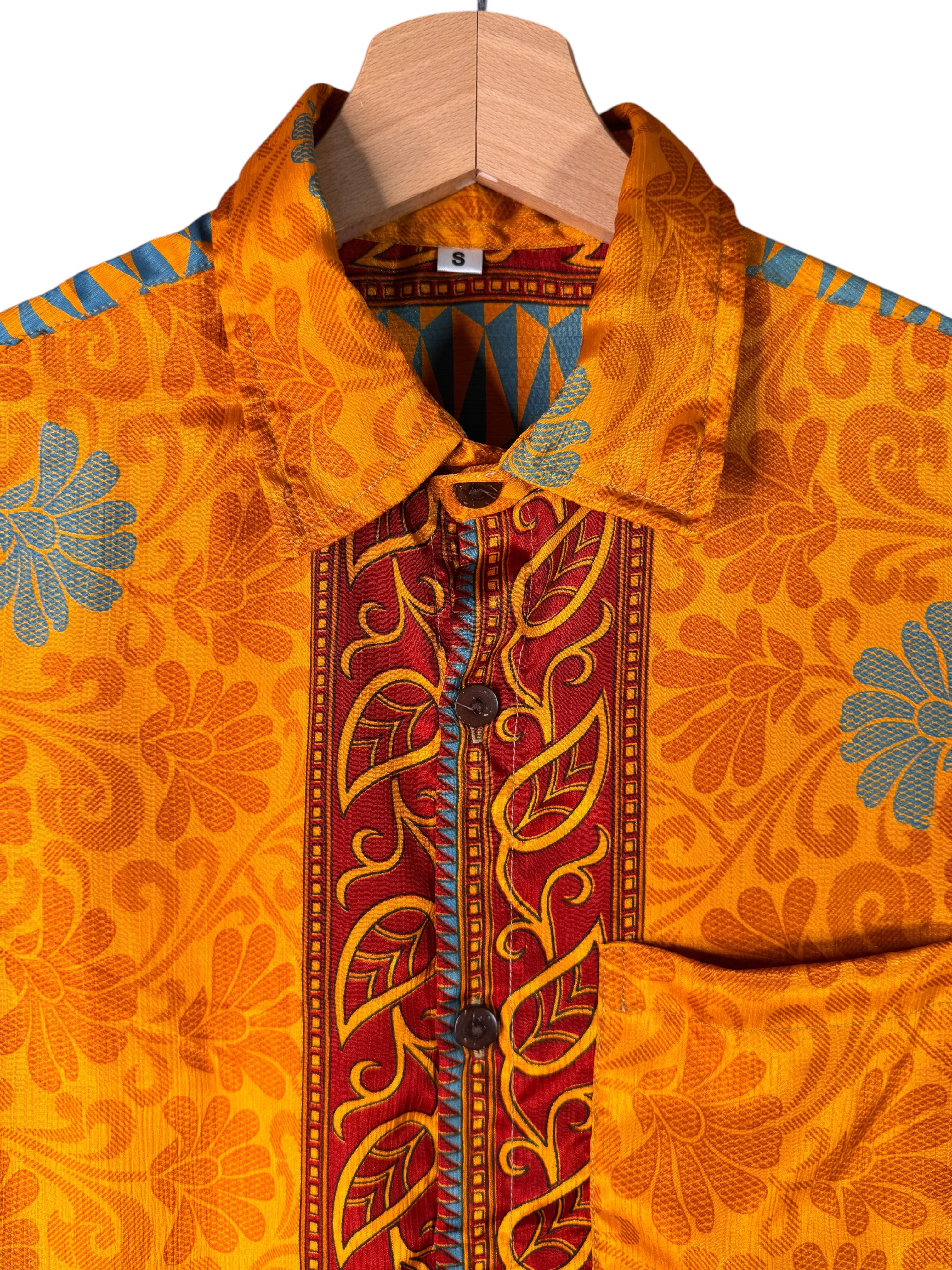 Camicia Sari Etnica Arancio Floreale Bordo Bordeaux Unisex - Taglia S