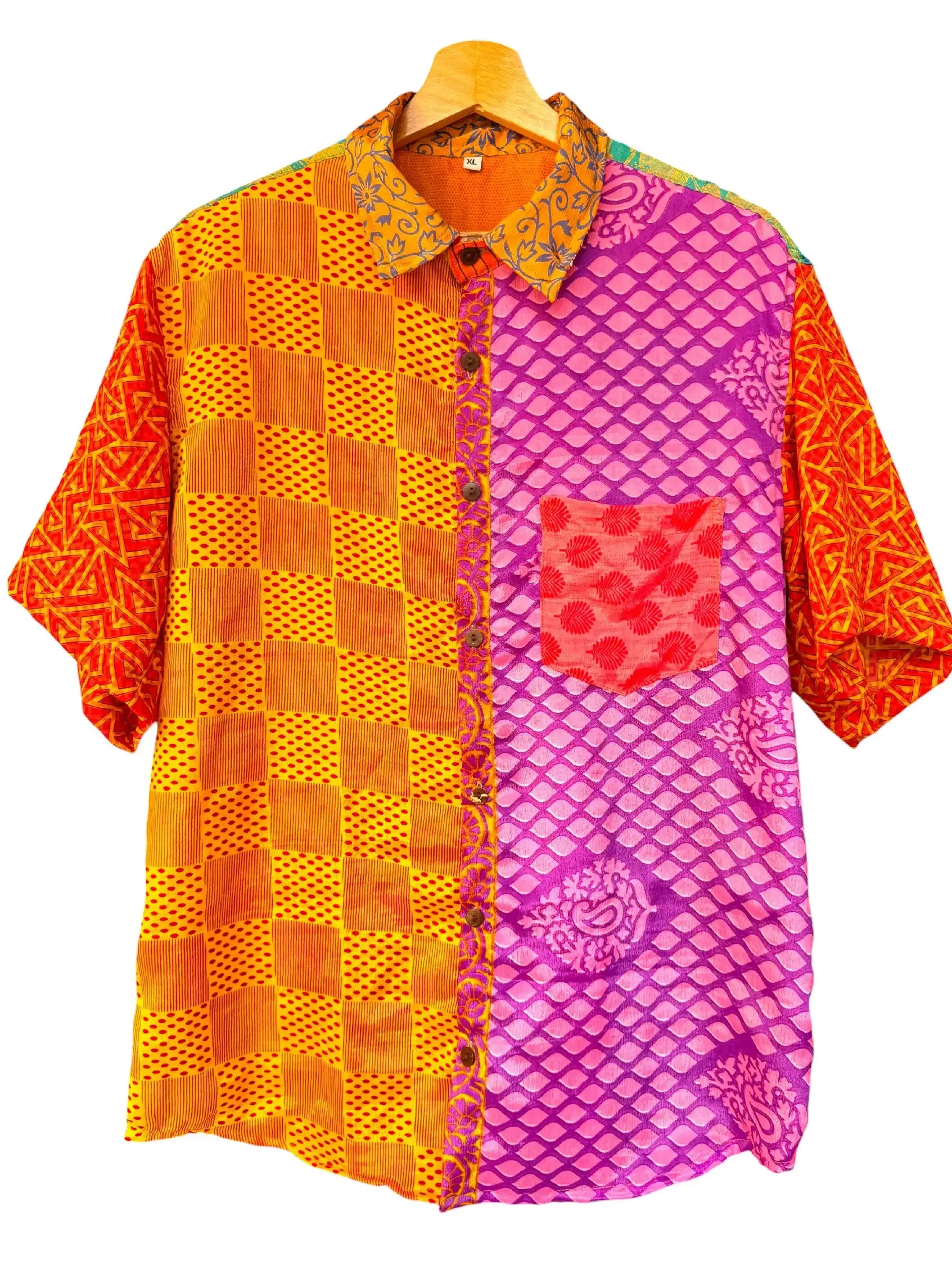 Camicia Etnica Arancio Viola - Patchwork Boho Sari - Taglia XL