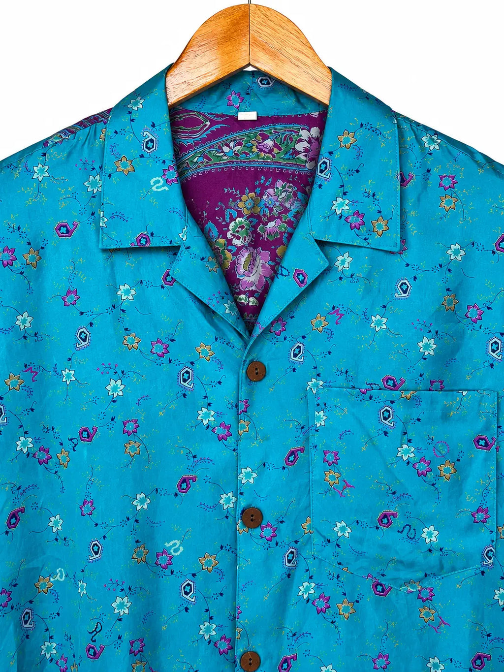 Camicia Etnica in Seta Sari Fiori Turchese Fucsia - Tg S