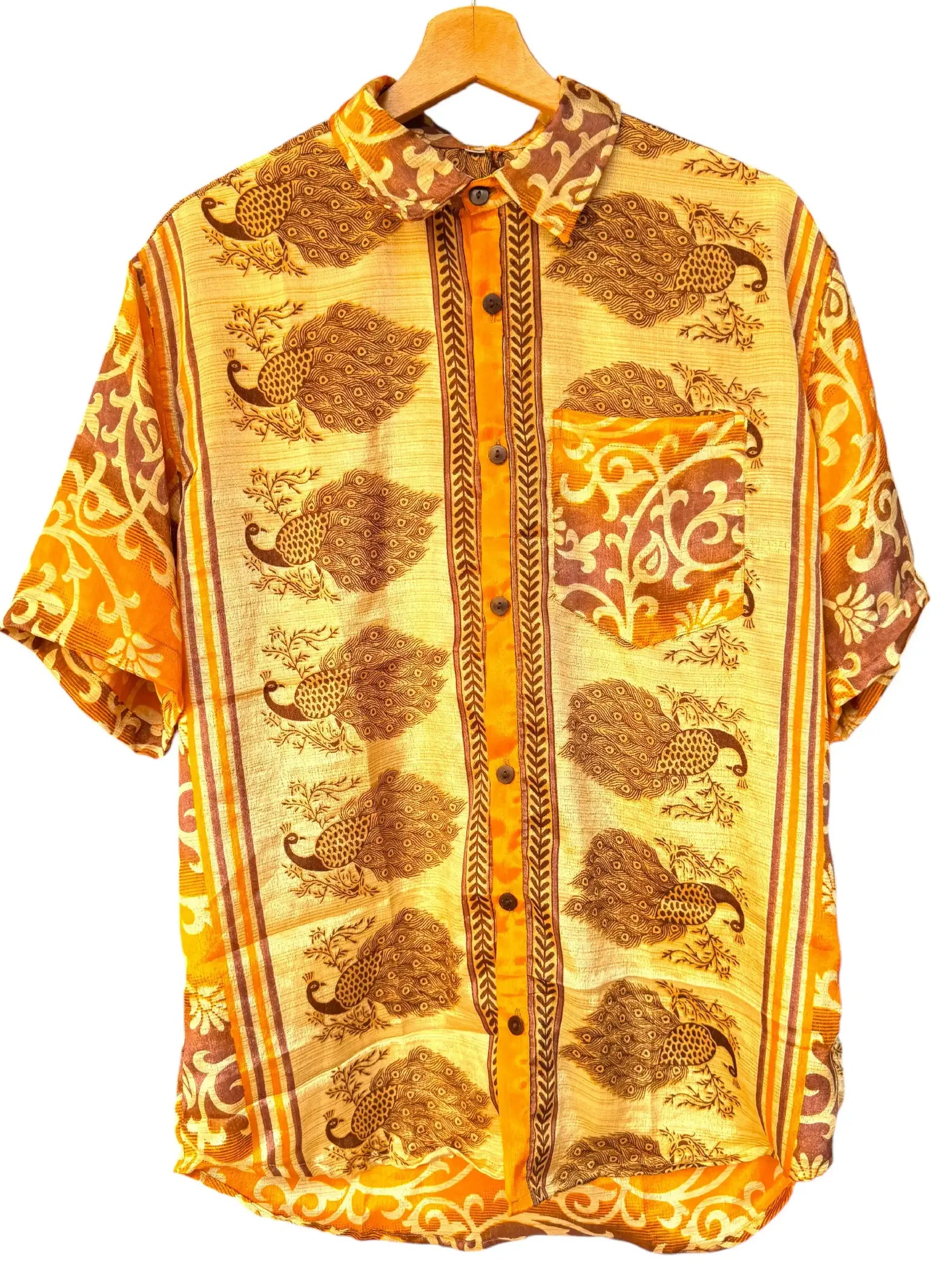 Camicia Etnica Oro Marrone - Pavoni Arabesco Boho Sari - Taglia XL