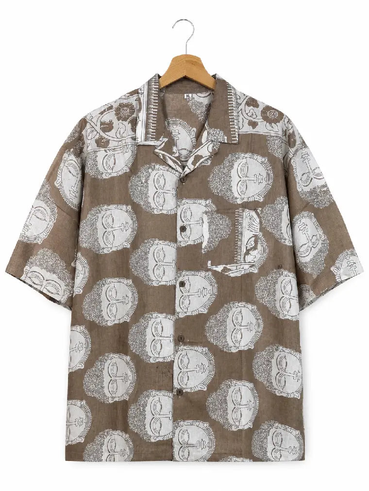 Camicia Kalamkari Block Print Buddha e Pavone Tortora Unisex - Taglia XL CAMICIE PARTICOLARI