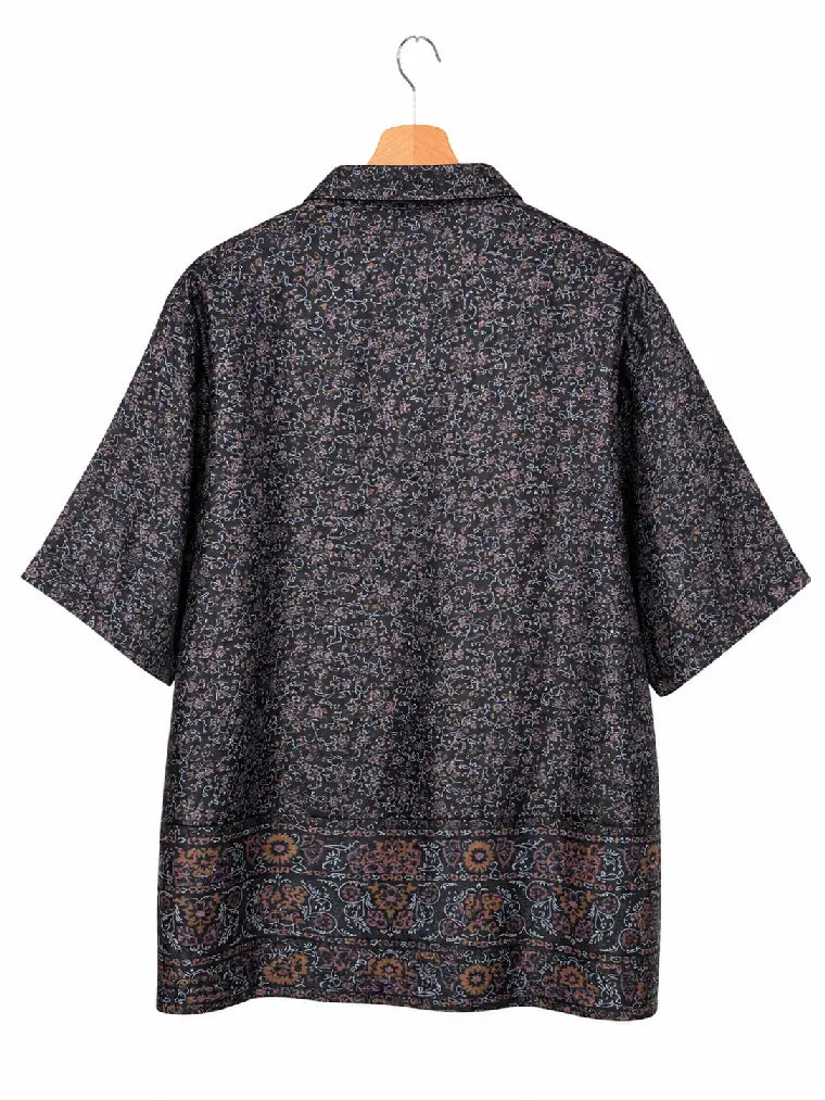 Camicia in Seta Sari Micro Floreale Notturno Nero Unisex - Taglia XL