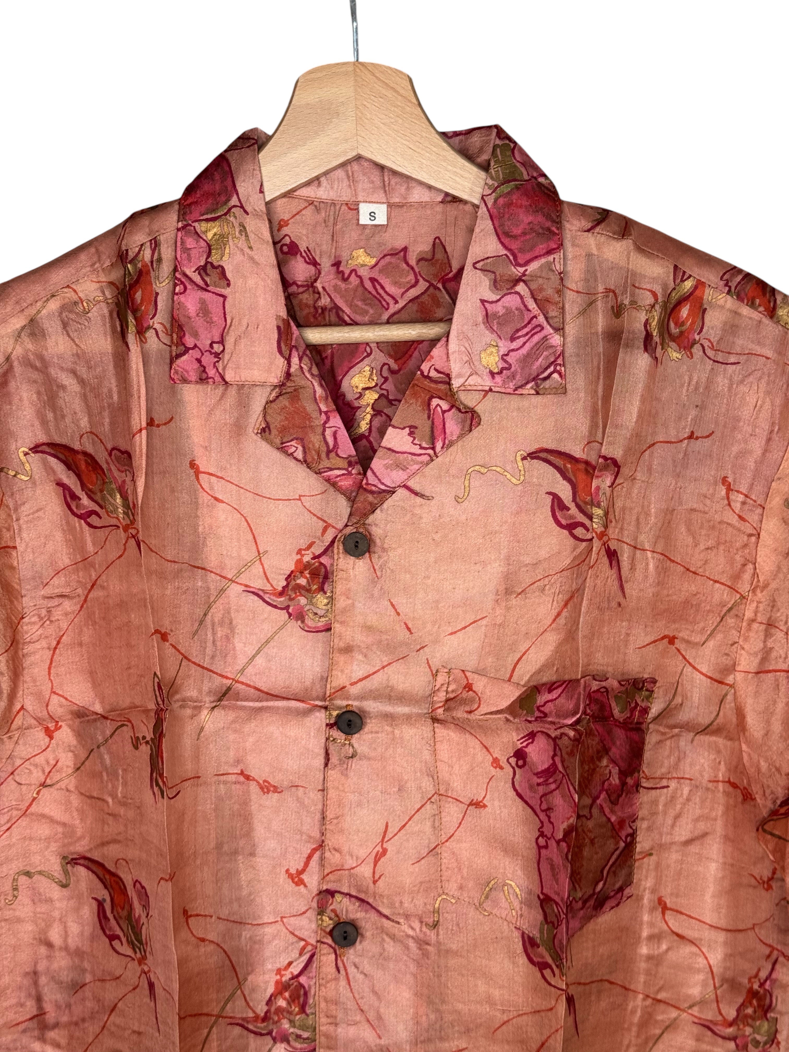 Camicia in Seta Sari Rosa Cipria Fiori Astratti Unisex - Taglia S