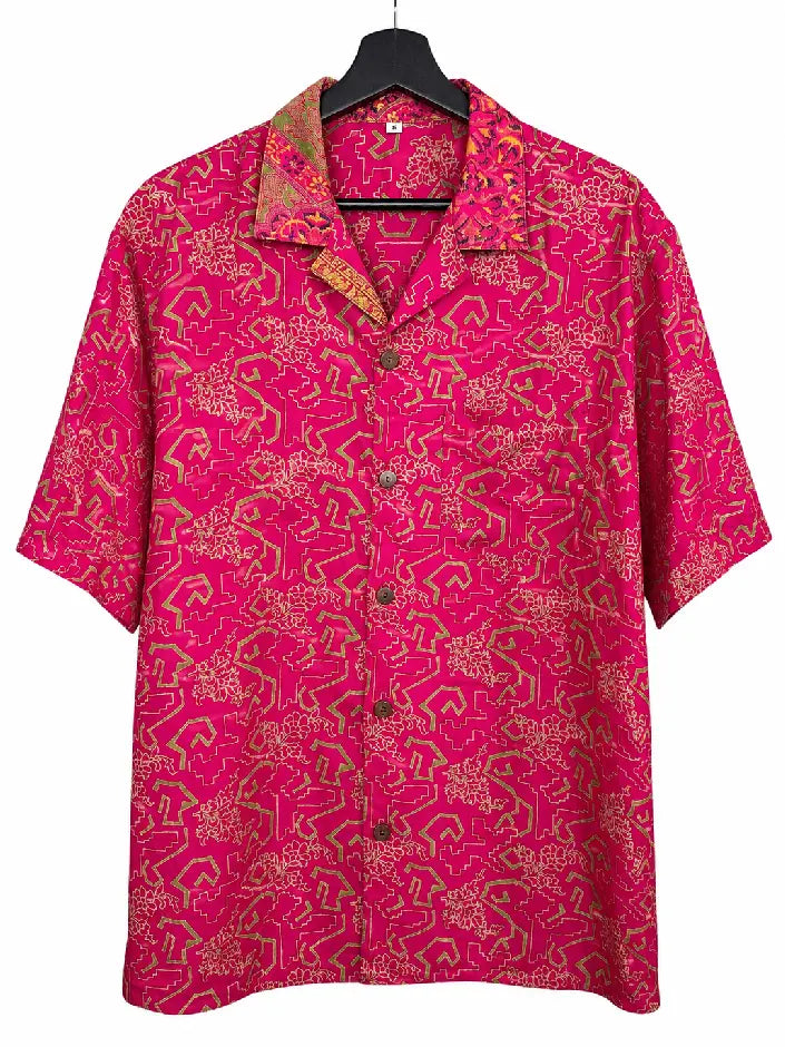 Camicia in Seta Sari Geometrica Floreale Fucsia e Verde - Taglia S