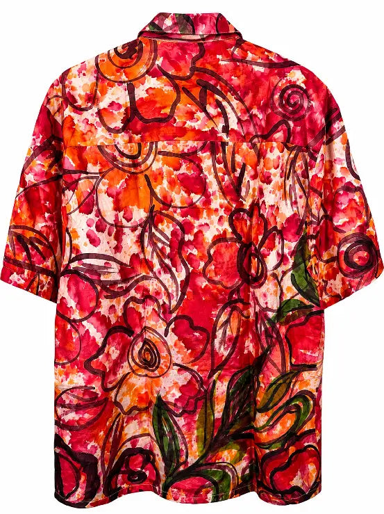 Camicia in Seta Sari Floreale Pittorico Rosso e Arancio - Taglia S