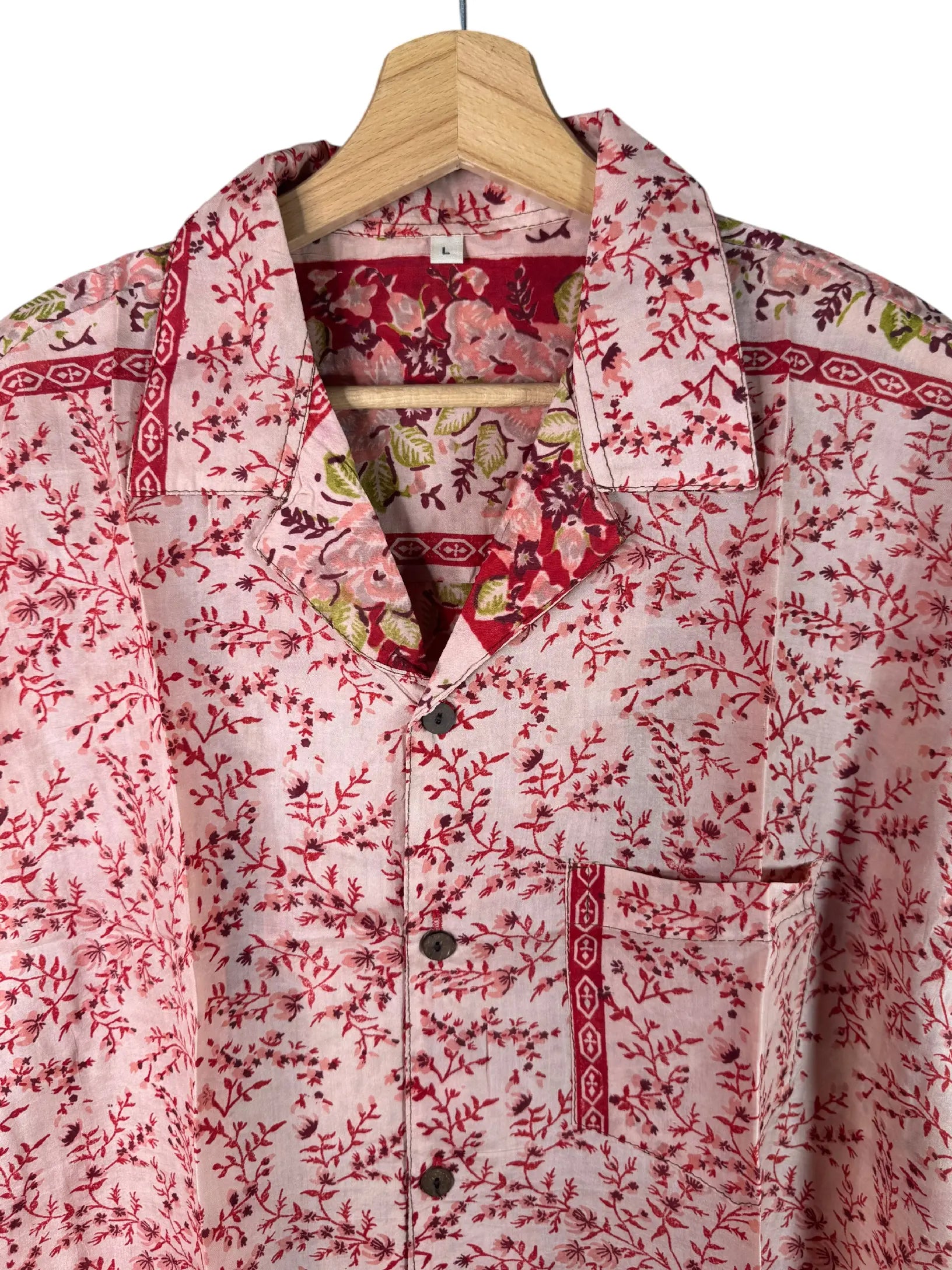 Camicia in Seta Sari Rosa Cipria Ramoscelli e Rose Unisex - Taglia L
