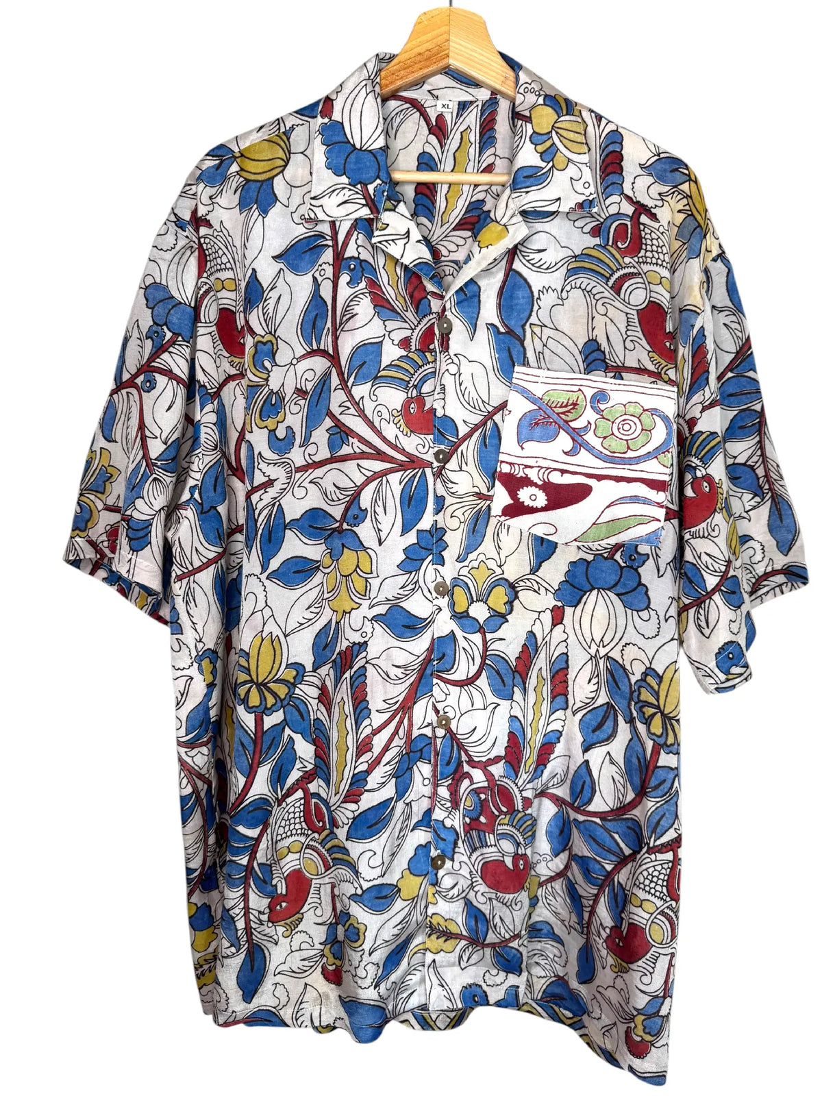 Camicia Etnica Kalamkari Pappagalli Cotone Blu - Taglia XL
