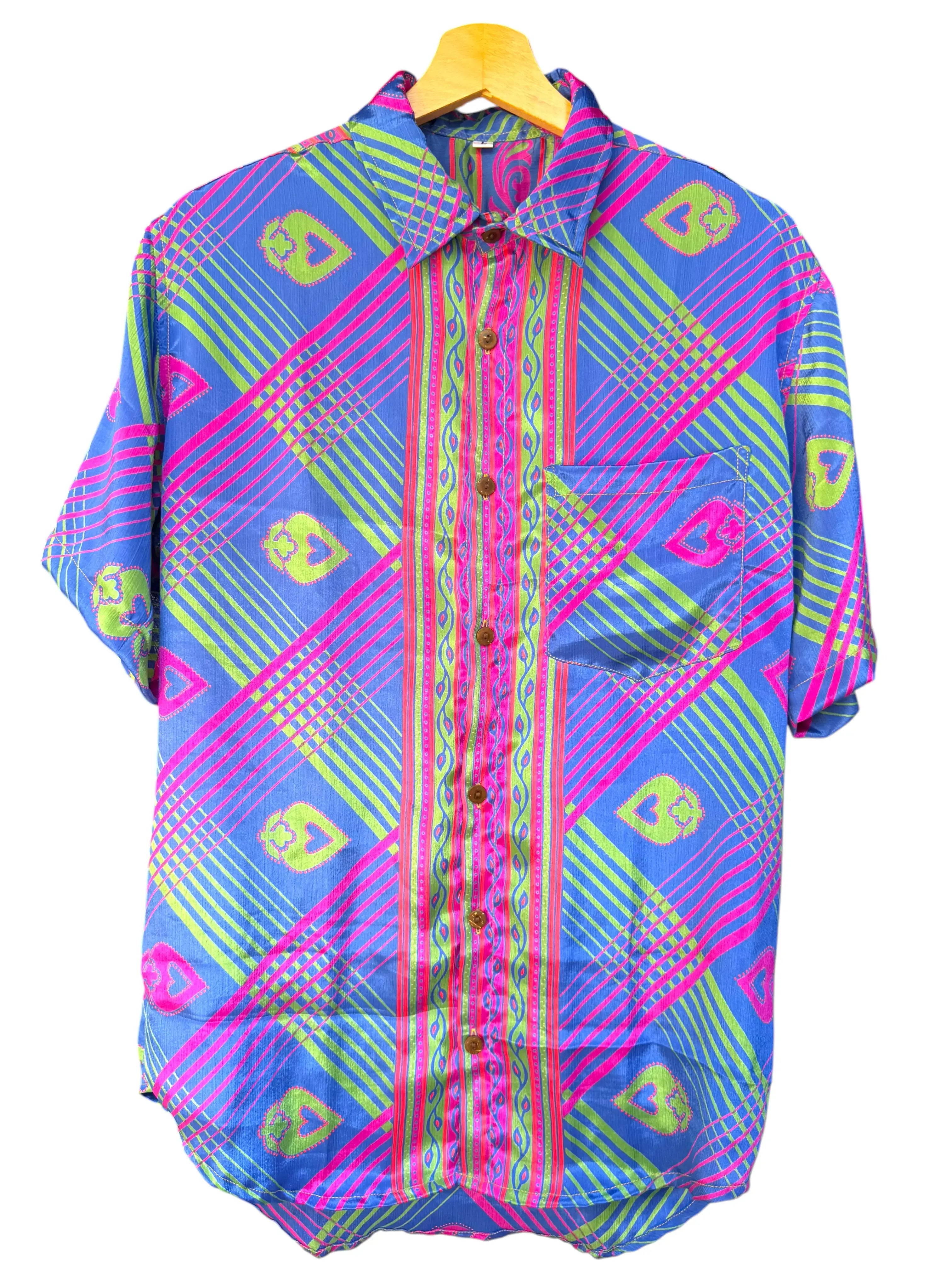 Camicia Etnica Blu Fucsia Neon - Geometrica Boho Sari - Taglia L