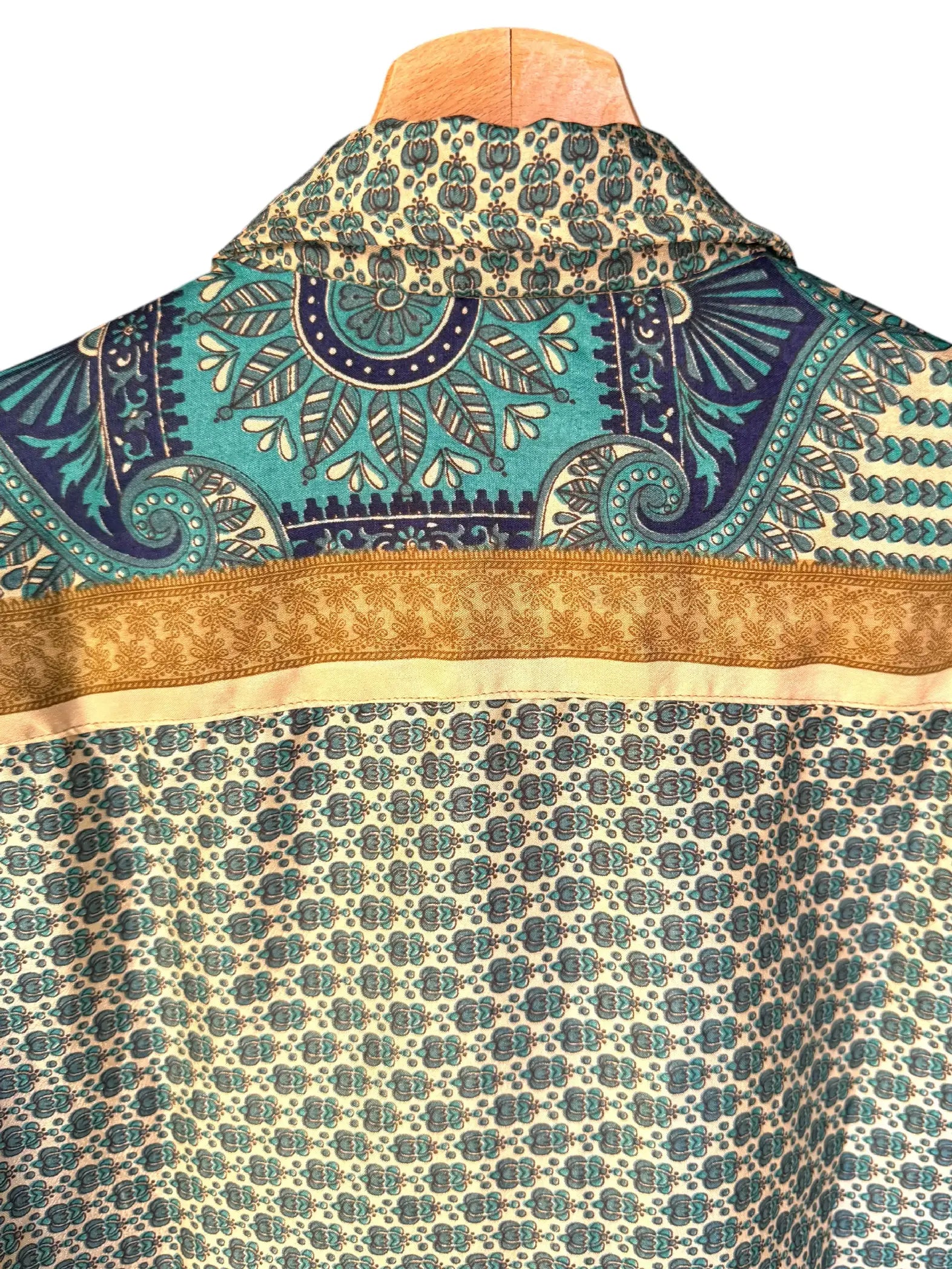 Camicia Etnica Verde Teal Avorio - Mandala Boho Sari - Taglia XL