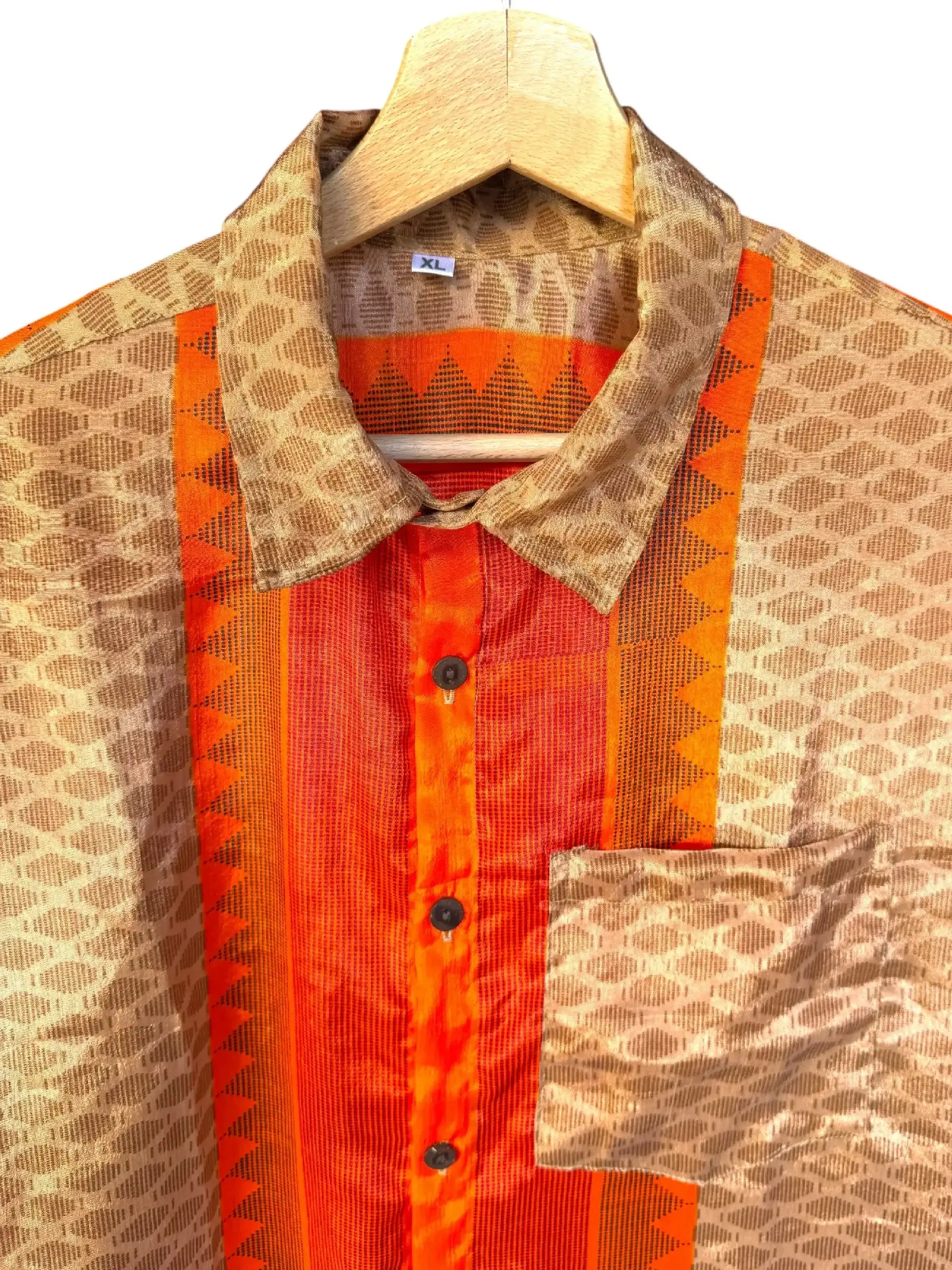 Camicia Etnica Oro Arancio - Rombi Geometrici Boho Sari - Taglia XL