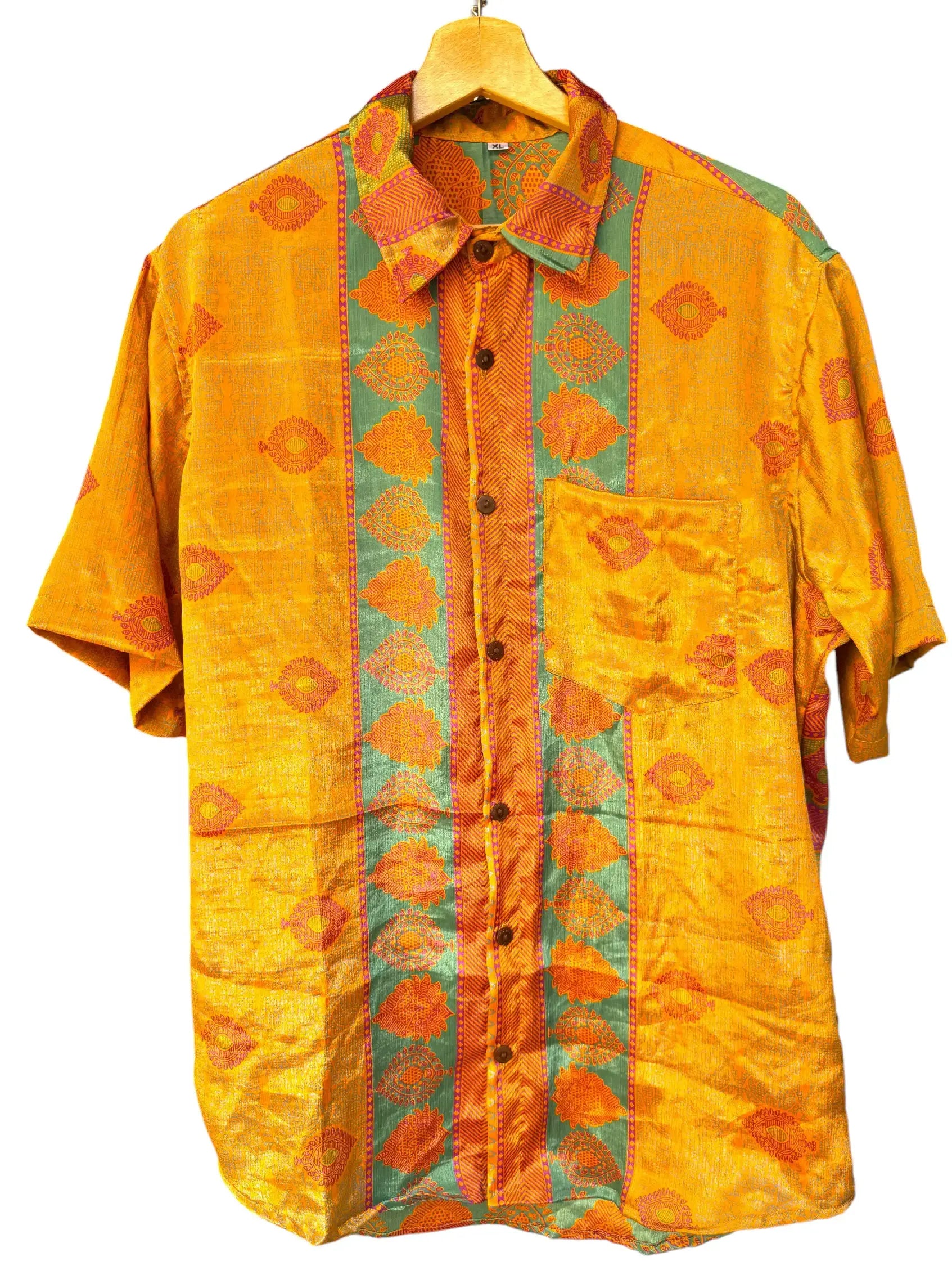 Camicia Etnica Giallo Oro Verde Paisley Boho Sari Festival - Taglia XL