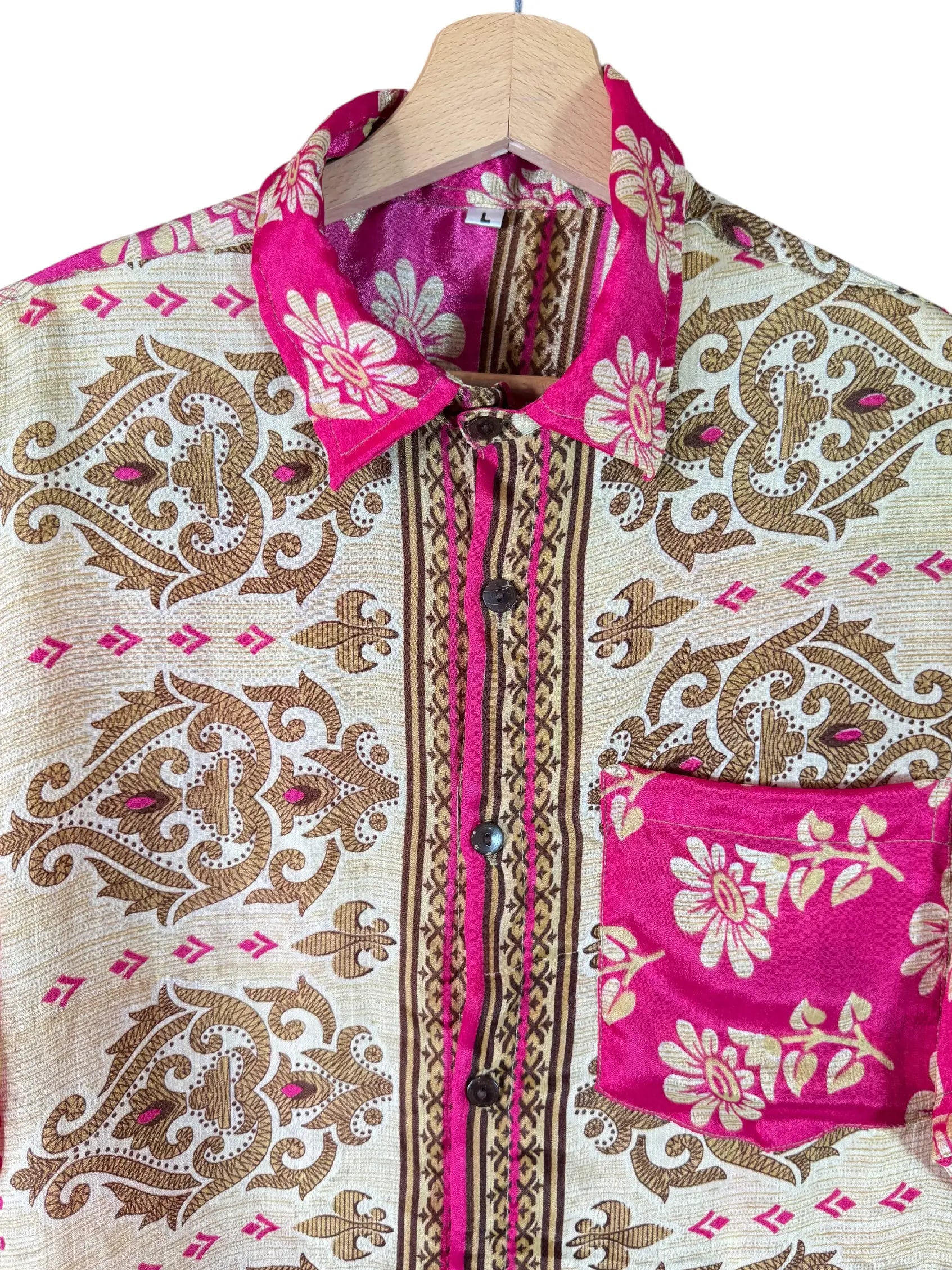 Camicia Etnica Fucsia Oro - Paisley Floreale Boho Sari - Taglia L