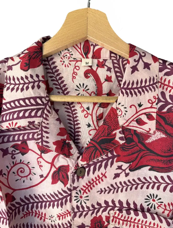 Camicia in Seta Sari Fantasia Floreale Rossa Unisex - Taglia M
