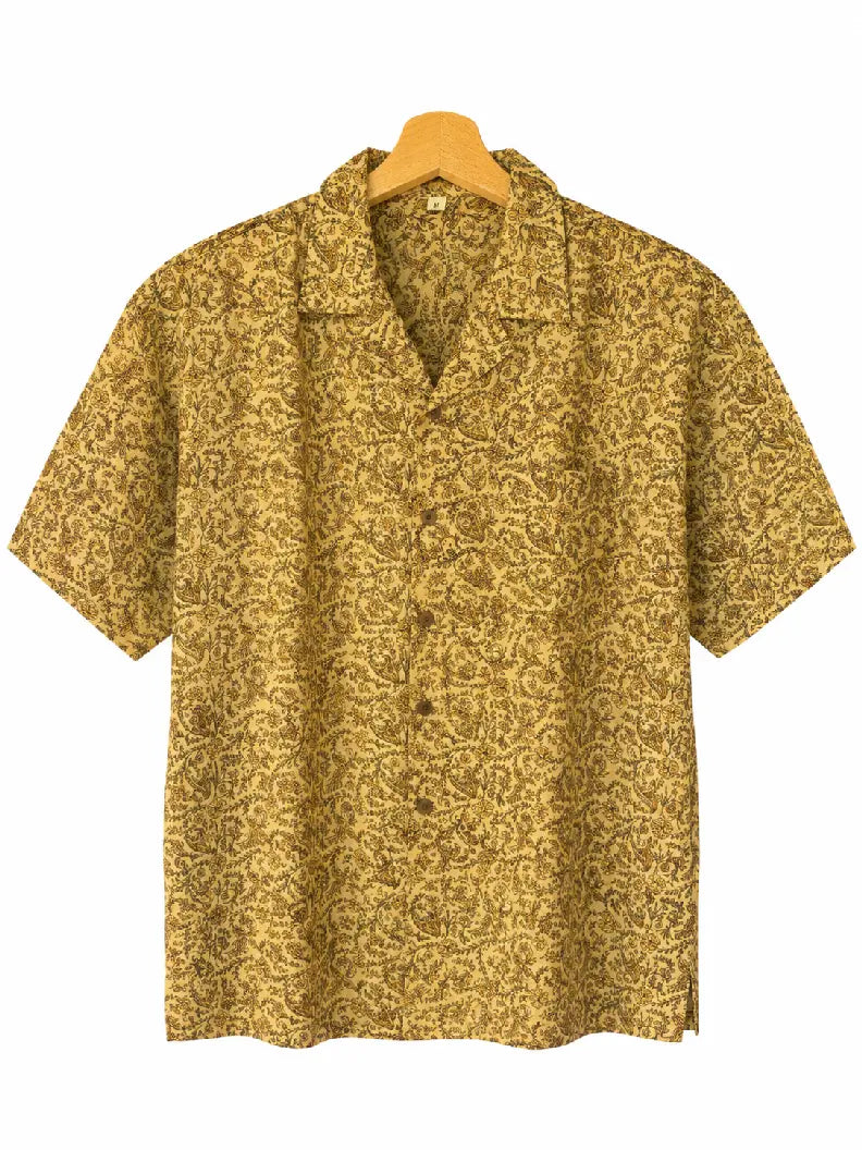 Camicia in Seta Sari Paisley Avorio e Ambra Unisex - Taglia M