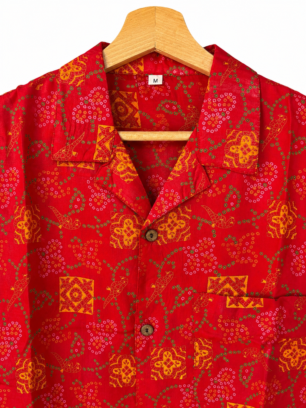 Camicia in Seta Sari Bandhani Rosso e Arancio Geometrico Unisex - Taglia M