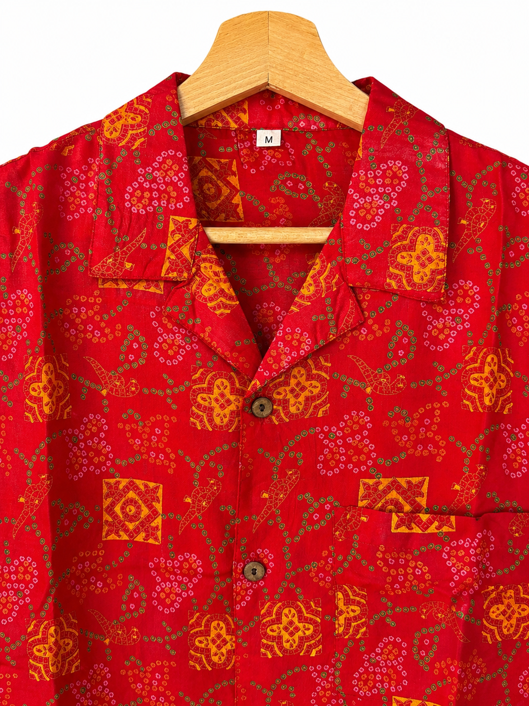 Camicia in Seta Sari Bandhani Rosso e Arancio Geometrico Unisex - Taglia M