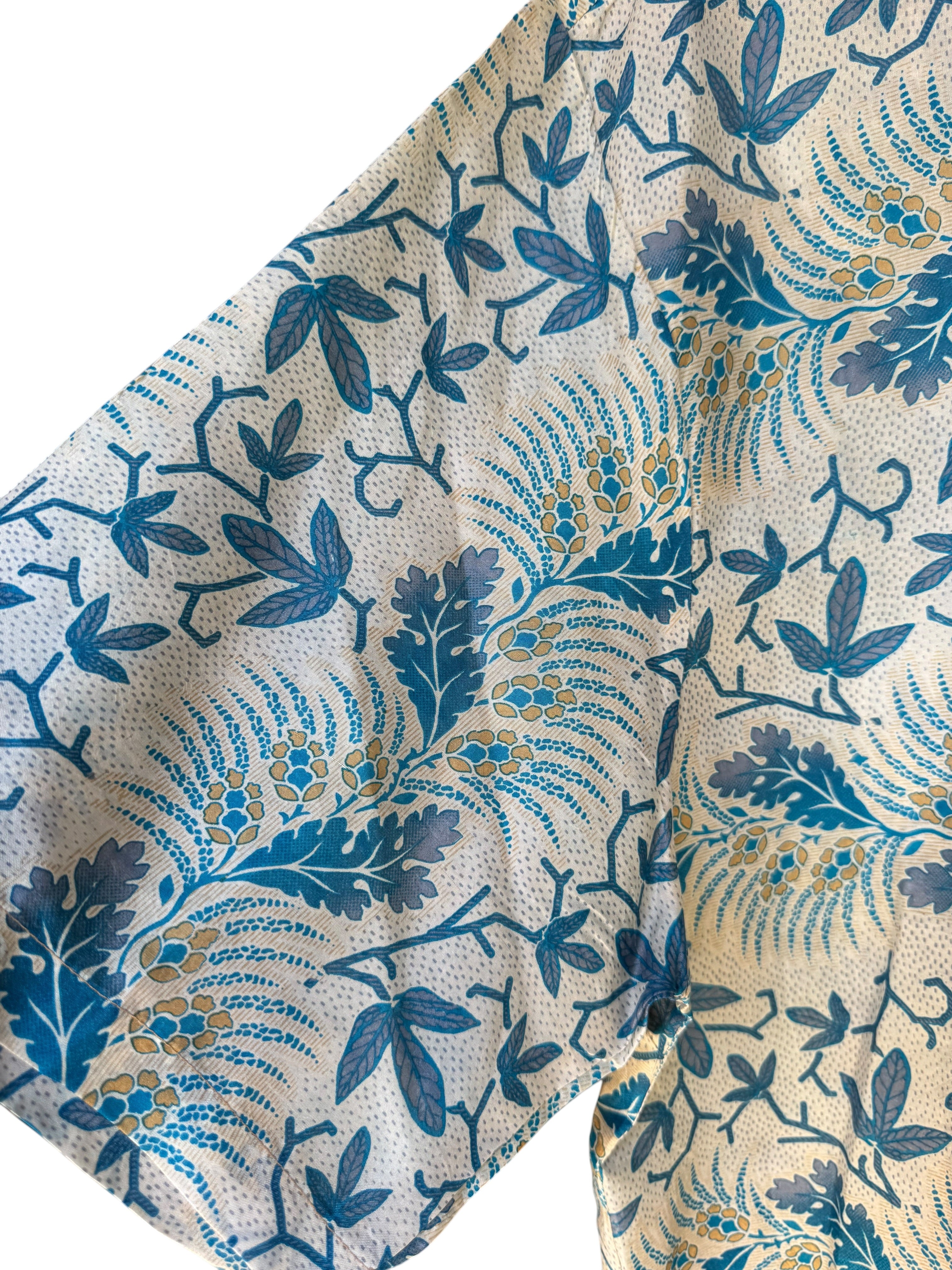 Camicia in Seta Sari Botanica Avorio Blu Foglie Unisex - Taglia S