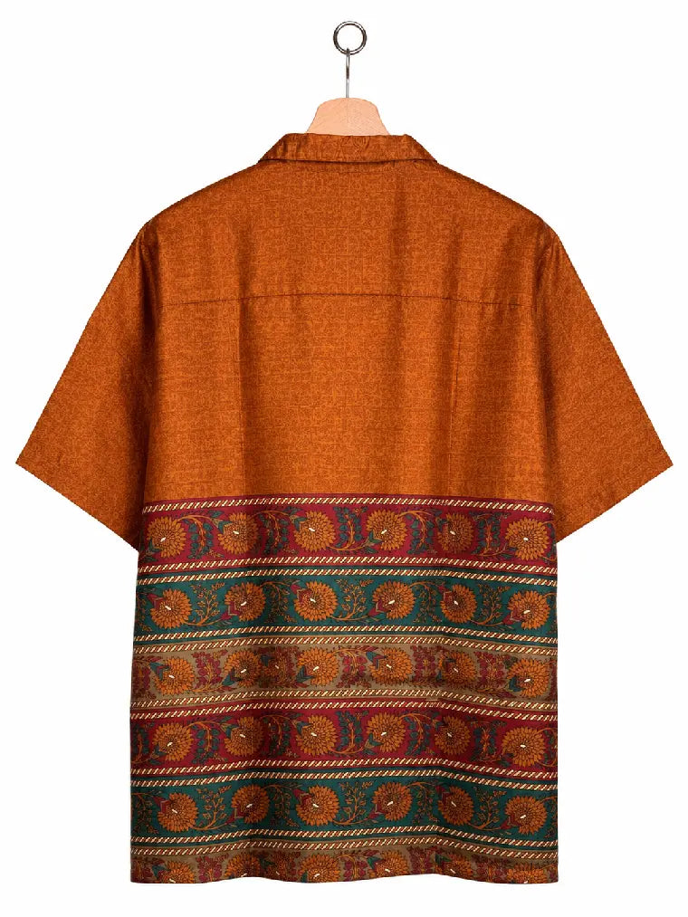 Camicia in Seta Sari Tono su Tono Rame e Bordura Floreale - Taglia XL