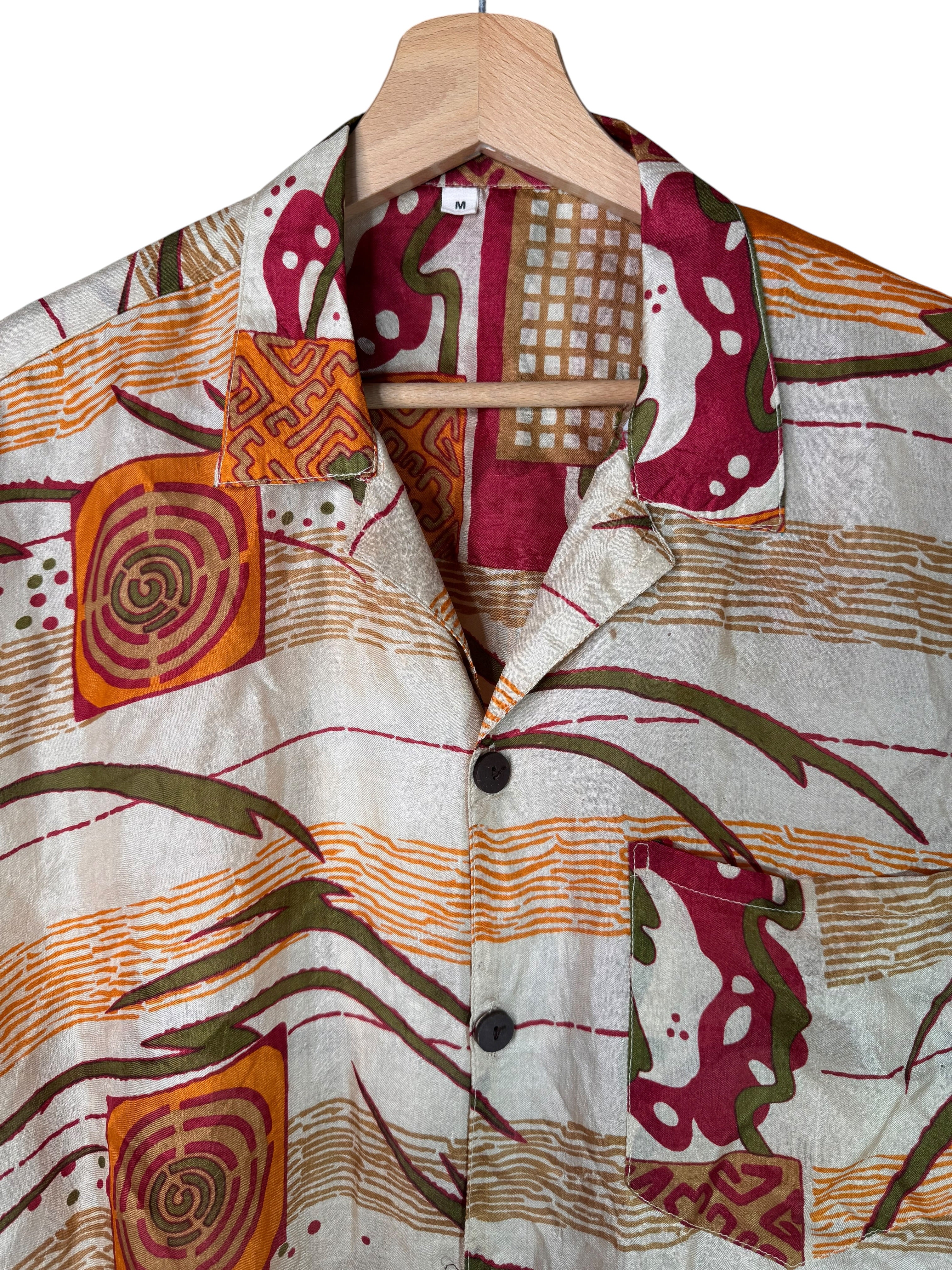 Camicia in Seta Sari Etnica Avorio Arancio Spirali Tribali - Taglia M