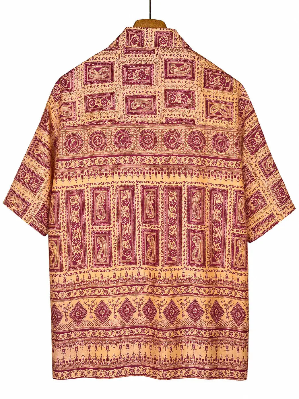 Camicia Etnica in Seta Sari Vintage Paisley Ocra Bordeaux - Taglia S