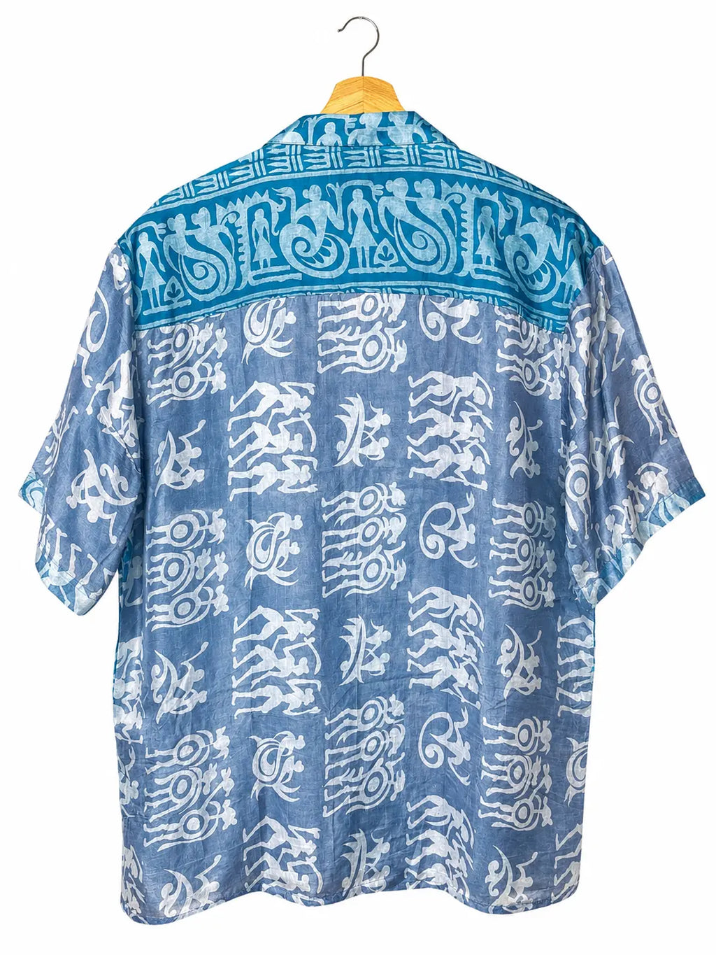 Camicia Etnica in Seta Sari Figure Tribali Blu - Taglia S