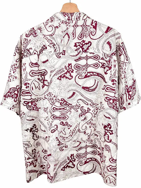 Camicia in Seta Sari Batik Botanico Bordeaux e Bianco Unisex - Taglia L