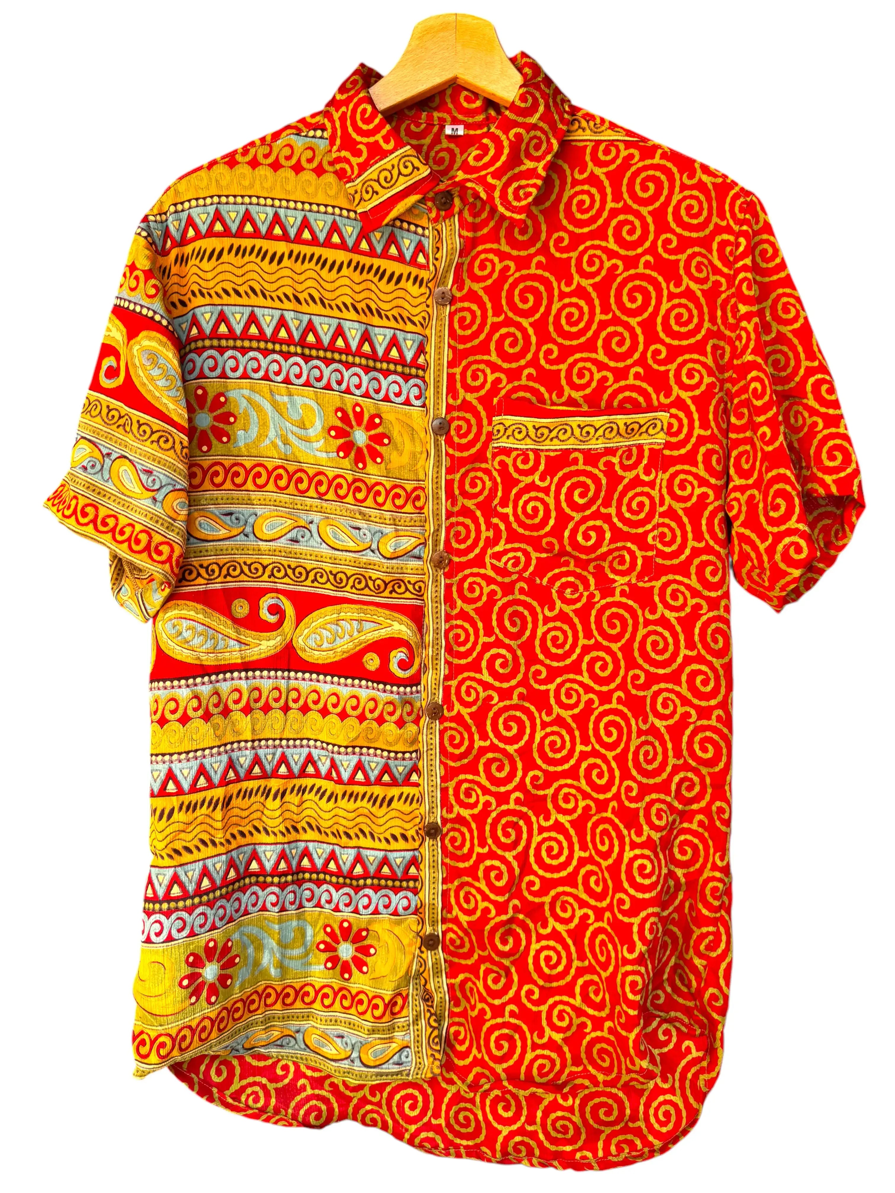 Camicia Etnica Rossa Oro - Spirale Paisley - Boho Unisex - Taglia M