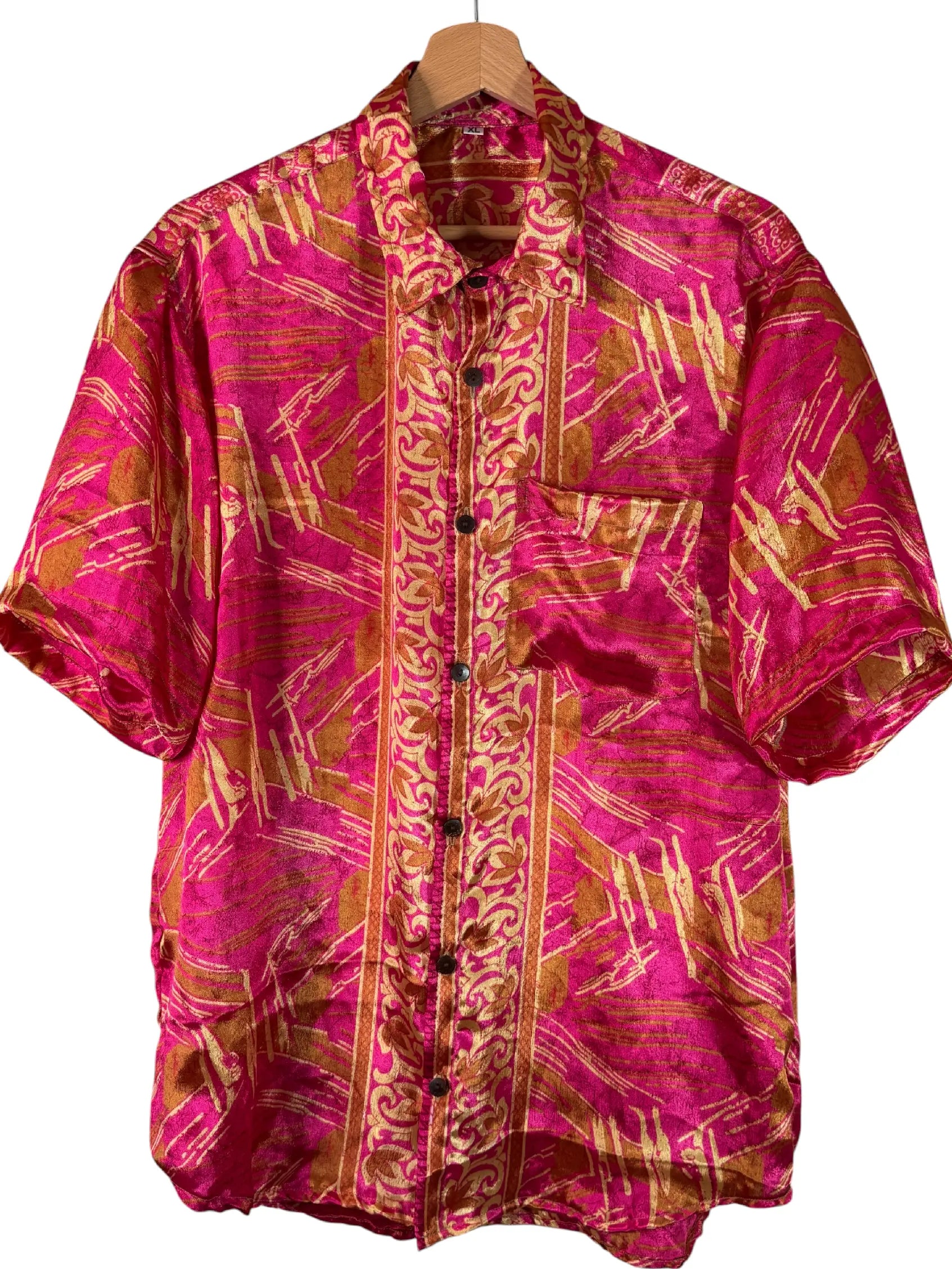 Camicia Sari Fucsia Oro Astratta con Fascia Barocca Unisex - Taglia XL