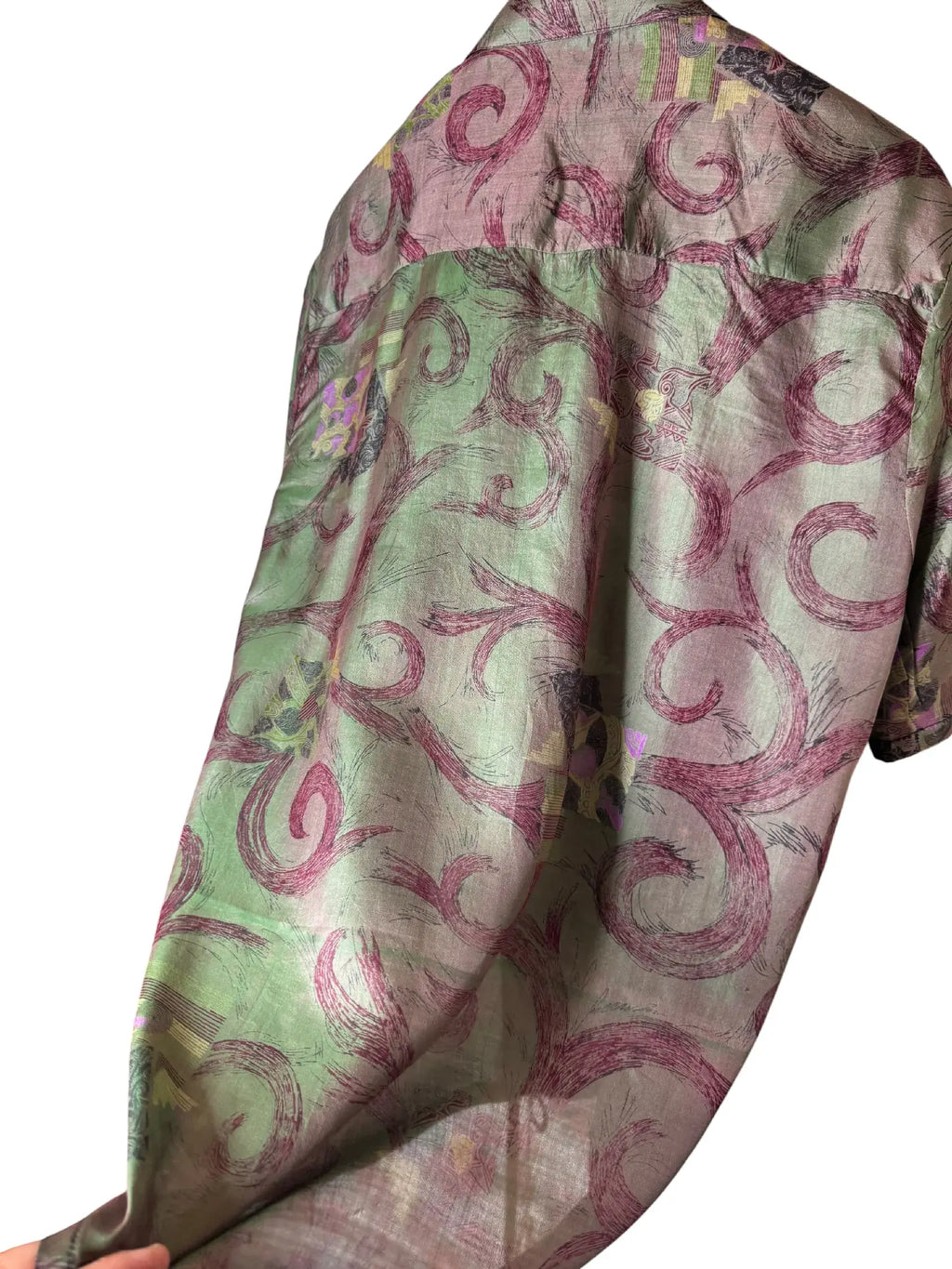 Camicia Etnica in Seta Sari Vintage Cangiante Salvia - Taglia S