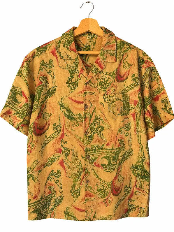Camicia in Seta Sari Astratto Barocco Ocra e Verde Unisex - Taglia M