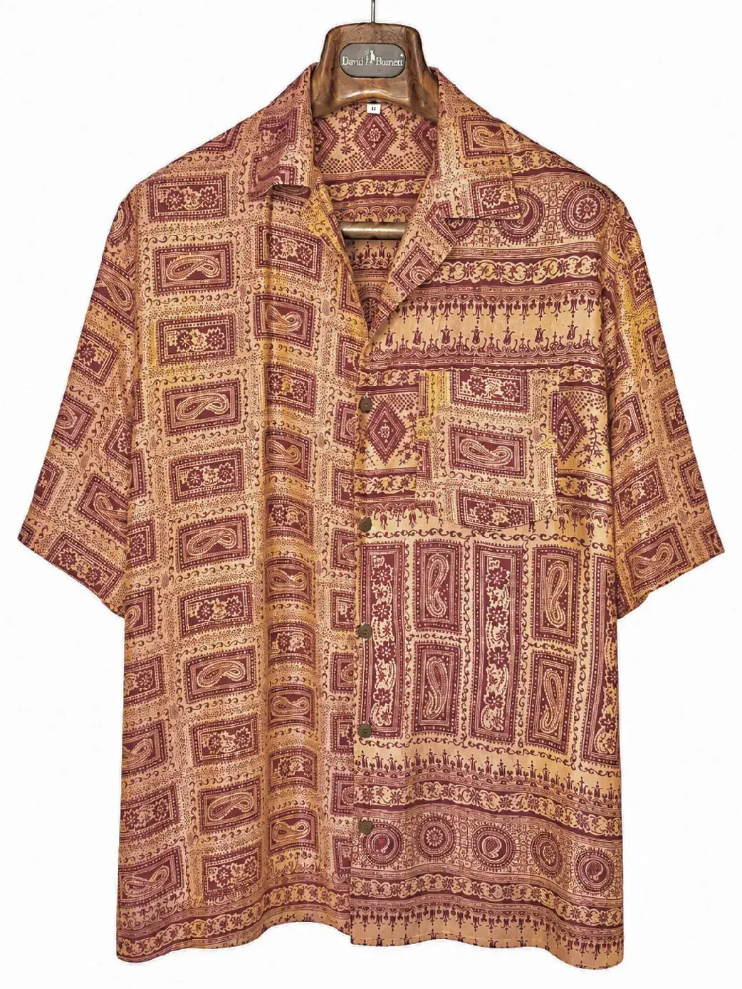 Camicia Etnica in Seta Sari Vintage Paisley Ocra Bordeaux - Taglia S