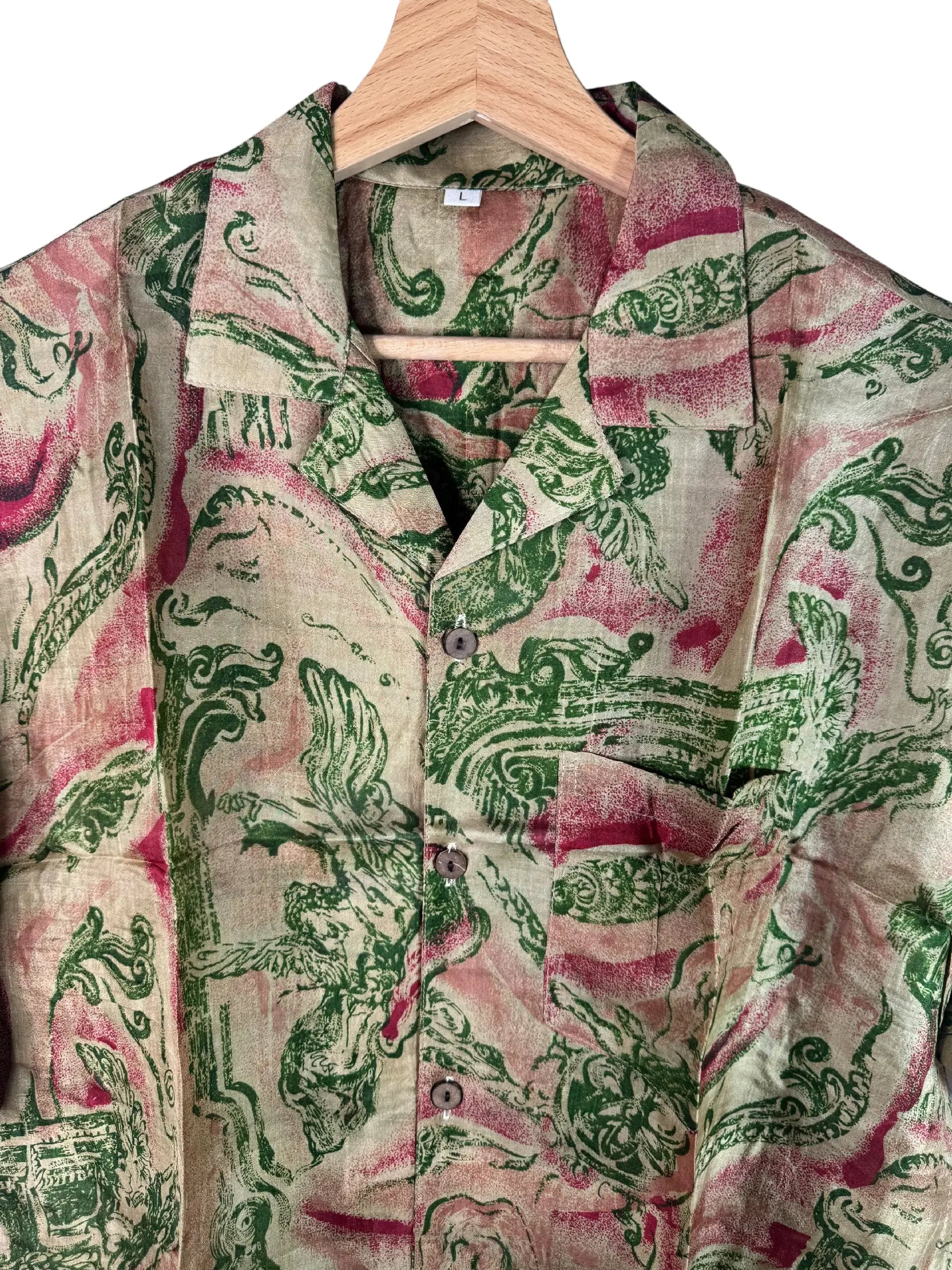 Camicia in Seta Sari Toile Figurativa Verde e Rosa Unisex - Taglia L