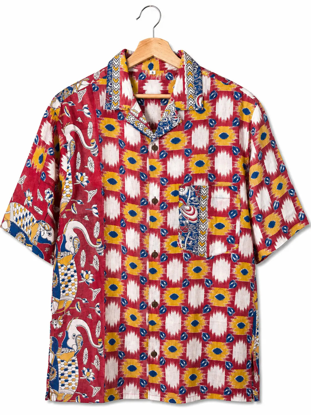 Camicia Etnica Sari Ikat Rosso Elefanti Kalamkari - Taglia M CAMICIE PARTICOLARI