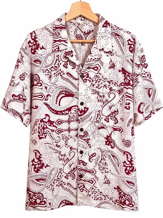 Camicia in Seta Sari Batik Botanico Bordeaux e Bianco Unisex - Taglia L