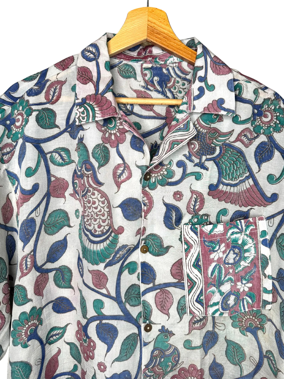Camicia Etnica Kalamkari Pavoni Cotone Verde Acqua - XL