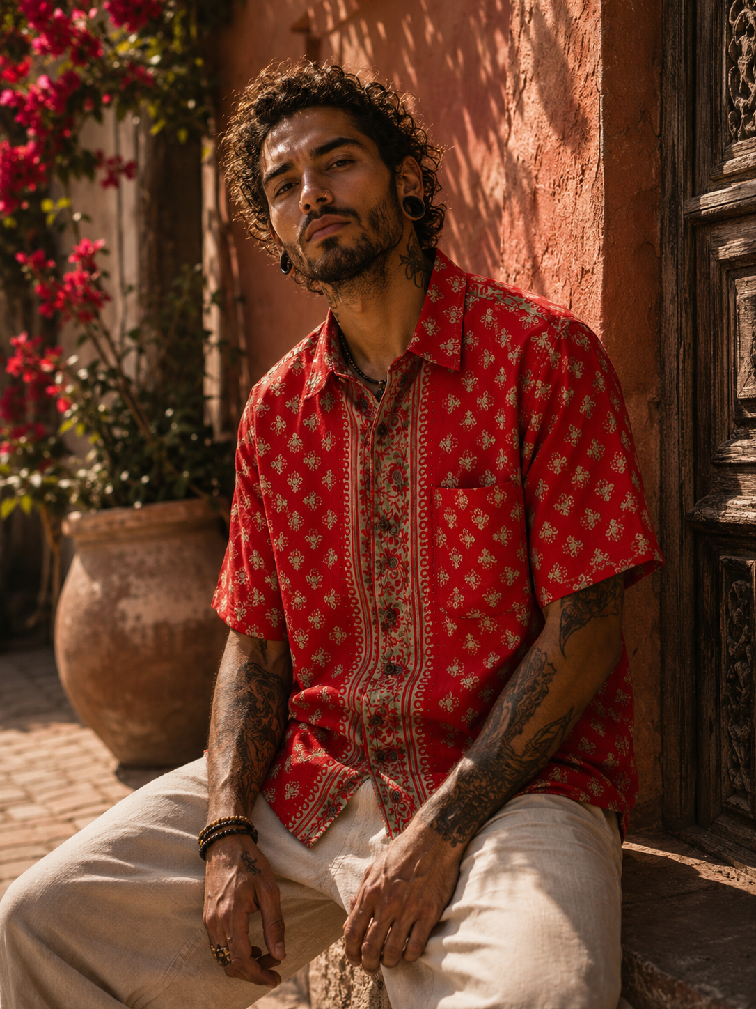 Camicia Sari Etnica Rosso Verde Salvia Floreale Unisex - Taglia L