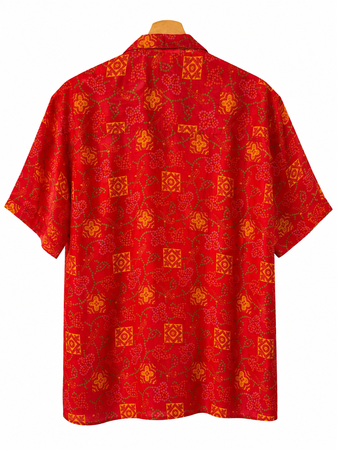 Camicia in Seta Sari Bandhani Rosso e Arancio Geometrico Unisex - Taglia M